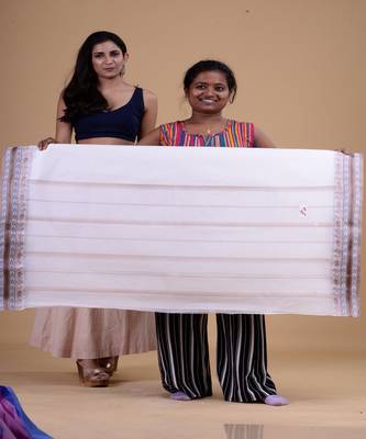 OFF-WHITE & BROWN  TANT Hand Woven Cotton Handloom bengali Saree. 2