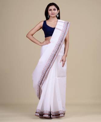 OFF-WHITE & BROWN  TANT Hand Woven Cotton Handloom bengali Saree. 3