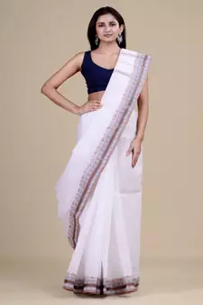 OFF-WHITE & BROWN  TANT Hand Woven Cotton Handloom bengali Saree.