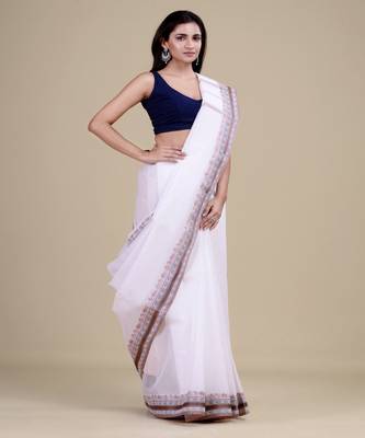 OFF-WHITE & BROWN  TANT Hand Woven Cotton Handloom bengali Saree. 5