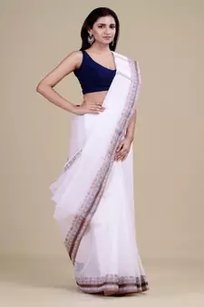 OFF-WHITE & BROWN  TANT Hand Woven Cotton Handloom bengali Saree.