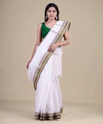WHITE & GREEN TANT Hand Woven Cotton Handloom bengali Saree. 1