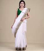 WHITE & GREEN TANT Hand Woven Cotton Handloom bengali Saree.
