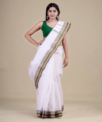 WHITE & GREEN TANT Hand Woven Cotton Handloom bengali Saree. 3