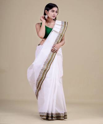 WHITE & GREEN TANT Hand Woven Cotton Handloom bengali Saree. 5