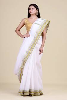 WHITE & GREEN TANT Hand Woven Cotton Handloom bengali Saree.