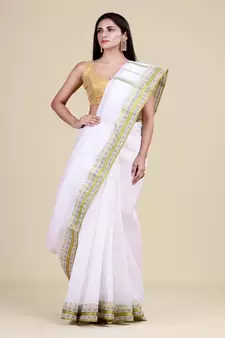 WHITE & GREEN TANT Hand Woven Cotton Handloom bengali Saree.