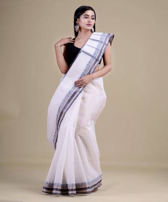 WHITE & GREY TANT Hand Woven Cotton Handloom bengali Saree. 1