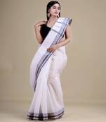 WHITE & GREY TANT Hand Woven Cotton Handloom bengali Saree.