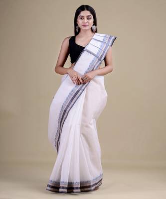 WHITE & GREY TANT Hand Woven Cotton Handloom bengali Saree. 3
