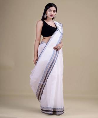 WHITE & GREY TANT Hand Woven Cotton Handloom bengali Saree. 5