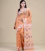 Brown & White Dhakai Jamdani Hand Woven Tant Silk Handloom Saree. Without Blouse