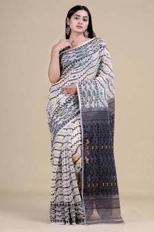 BLACK & WHITE  DHAKAI JAMDANI  Hand Woven Tant silk  Handloom   Saree.