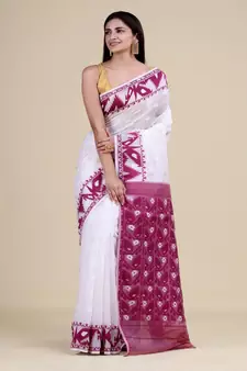 PURPLE & WHITE  DHAKAI JAMDANI  Hand Woven Tant silk  Handloom   Saree.