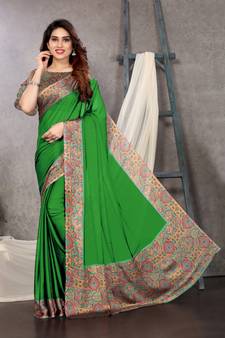 Green printed chiffon saree with blouse