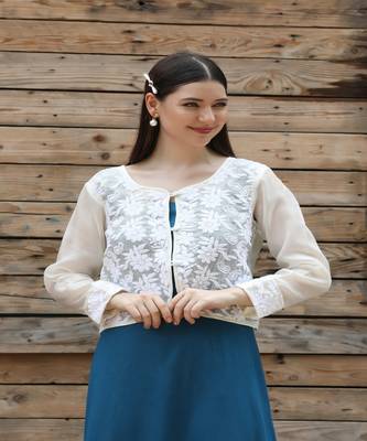 SHADES White embroidred short shrug with Gown (Set of 2) 3