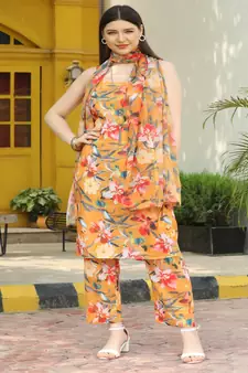 SHADES Muslin printed strappy suit set with dupatta (set of 3)
