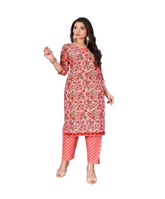Peach Color Slub Cottan Floral Print Kurti With Pant 1