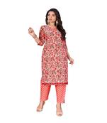 Peach Color Slub Cottan Floral Print Kurti With Pant