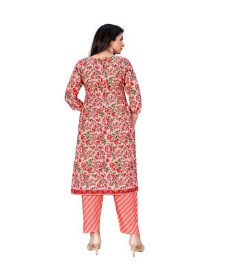 Peach Color Slub Cottan Floral Print Kurti With Pant 2