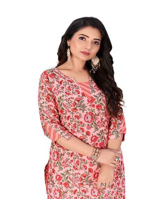 Peach Color Slub Cottan Floral Print Kurti With Pant 3