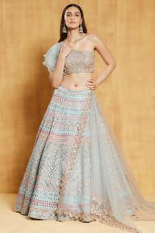 Turquoise Thread, Beads, Foil mirror, Sequins and Zari Embroidered Organza Semi Stitched Lehenga