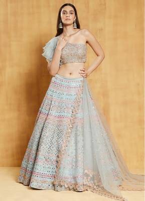 Turquoise Thread Beads Foil mirror Sequins and Zari Embroidered Organza Semi Stitched Lehenga 1