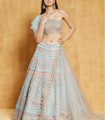 Turquoise Thread, Beads, Foil mirror, Sequins and Zari Embroidered Organza Semi Stitched Lehenga