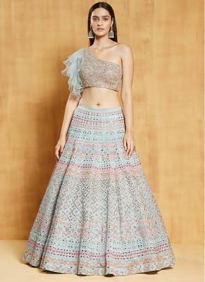 Turquoise Thread Beads Foil mirror Sequins and Zari Embroidered Organza Semi Stitched Lehenga 2