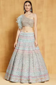 Turquoise Thread, Beads, Foil mirror, Sequins and Zari Embroidered Organza Semi Stitched Lehenga
