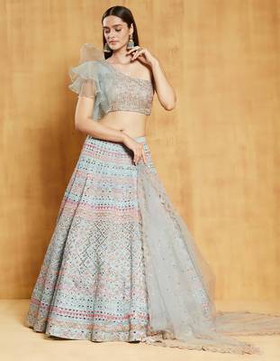 Turquoise Thread Beads Foil mirror Sequins and Zari Embroidered Organza Semi Stitched Lehenga 3
