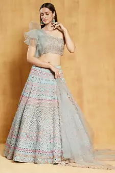 Turquoise Thread, Beads, Foil mirror, Sequins and Zari Embroidered Organza Semi Stitched Lehenga