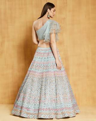 Turquoise Thread Beads Foil mirror Sequins and Zari Embroidered Organza Semi Stitched Lehenga 4