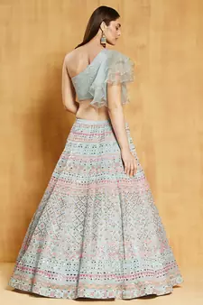 Turquoise Thread, Beads, Foil mirror, Sequins and Zari Embroidered Organza Semi Stitched Lehenga