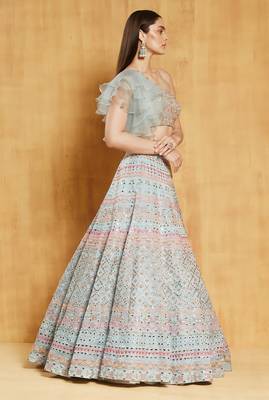 Turquoise Thread Beads Foil mirror Sequins and Zari Embroidered Organza Semi Stitched Lehenga 5