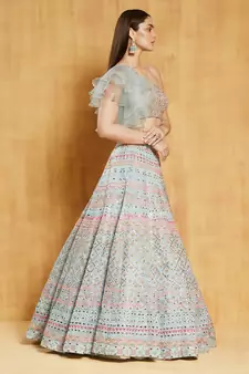 Turquoise Thread, Beads, Foil mirror, Sequins and Zari Embroidered Organza Semi Stitched Lehenga