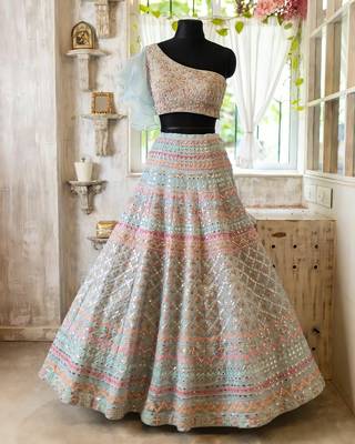 Turquoise Thread Beads Foil mirror Sequins and Zari Embroidered Organza Semi Stitched Lehenga 6