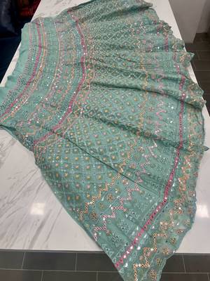 Turquoise Thread Beads Foil mirror Sequins and Zari Embroidered Organza Semi Stitched Lehenga 7