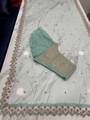 Turquoise Thread Beads Foil mirror Sequins and Zari Embroidered Organza Semi Stitched Lehenga 8