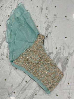 Turquoise Thread Beads Foil mirror Sequins and Zari Embroidered Organza Semi Stitched Lehenga 9