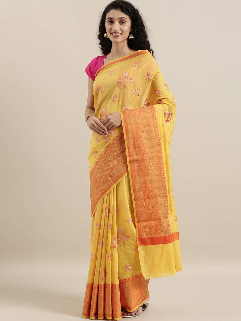 CLASSICATE from the house of The Chennai Silks Yellow Embroidered Saree With Running Blouse
