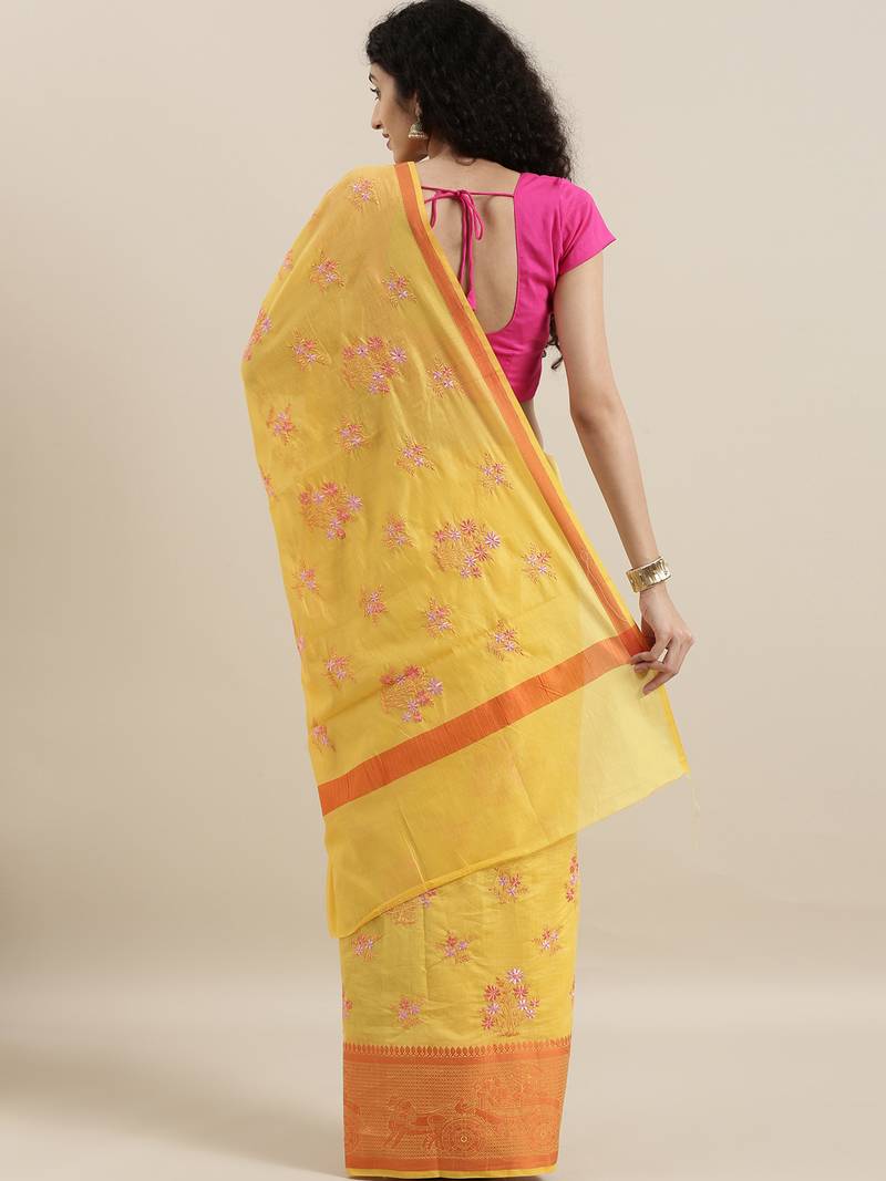 CLASSICATE from the house of The Chennai Silks Yellow Embroidered Saree With Running Blouse