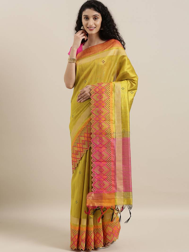 CLASSICATE from the house of The Chennai Silks Green Embroidered Jute Saree With Running Blouse