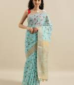 CLASSICATE from the house of The Chennai Silks Blue Printed Linen Blend Saree With Running Blouse
