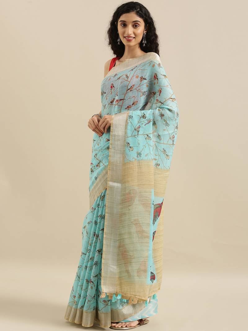 CLASSICATE from the house of The Chennai Silks Blue Printed Linen Blend Saree With Running Blouse