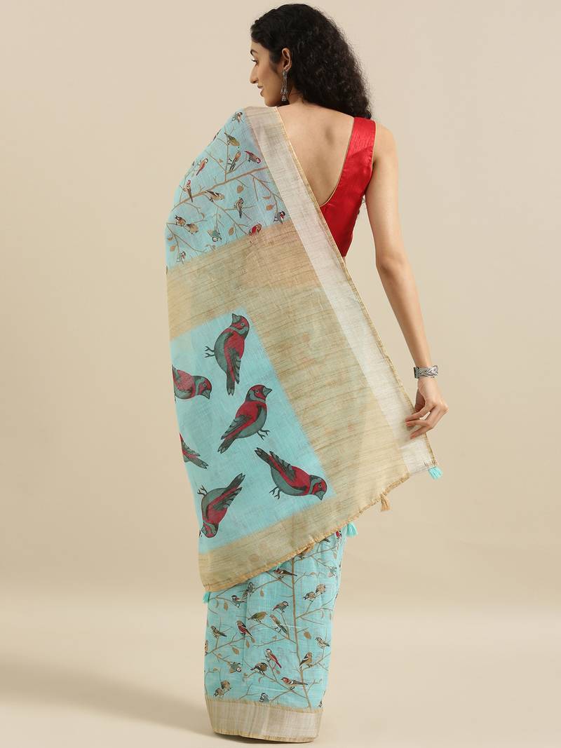 CLASSICATE from the house of The Chennai Silks Blue Printed Linen Blend Saree With Running Blouse