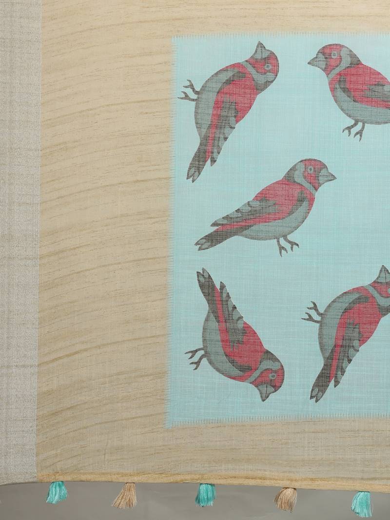 CLASSICATE from the house of The Chennai Silks Blue Printed Linen Blend Saree With Running Blouse