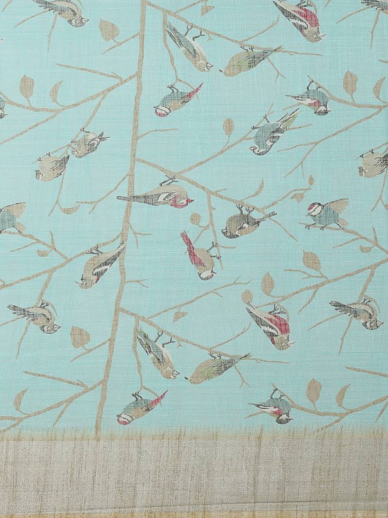 CLASSICATE from the house of The Chennai Silks Blue Printed Linen Blend Saree With Running Blouse