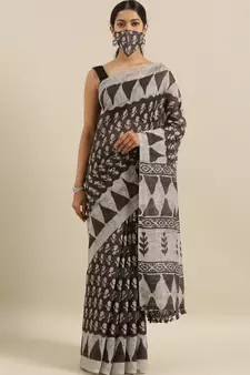 CLASSICATE from the house of The Chennai Silks  Black Printed Bhagalpuri Saree With Running Blouse