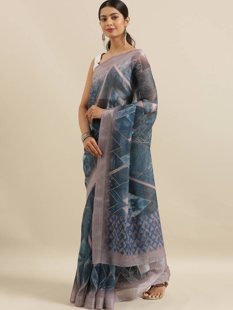 CLASSICATE from the house of The Chennai Silks Multicolor Printed Linen Blend Saree With Running Blouse